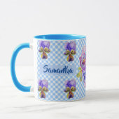 Verwöhnte Stiefmütterchen Blumen Blau Gingham Blum Tasse (Links)