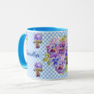 Verwöhnte Stiefmütterchen Blumen Blau Gingham Blum Tasse