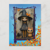 Verzaubernde Halloween-Hexenmädchen & Kürbiskatze Feiertagspostkarte (Vorderseite)
