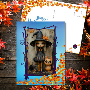 Verzaubernde Halloween-Hexenmädchen & Kürbiskatze Feiertagspostkarte