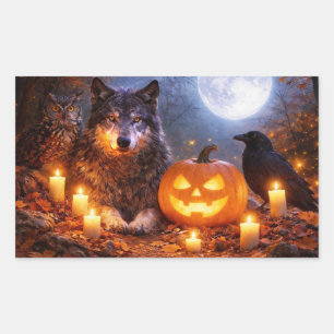 Verzaubernde Halloween-Wolf-Eule-und-Rabe-Kürbisse Rechteckiger Aufkleber