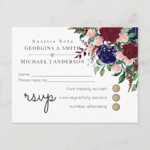 Verzaubernde Marsala Navy Blau Rosa Hochzeit Einladungspostkarte
