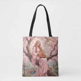 Verzaubernder Fuchs und Dame unter Kirschblüten-To Tasche
