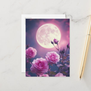 Verzaubernder Rosa Mond & blühende Rosen Fantasy-K Postkarte