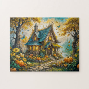 Verzauberndes Herbst Cottage mit Kürbissen Puzzle