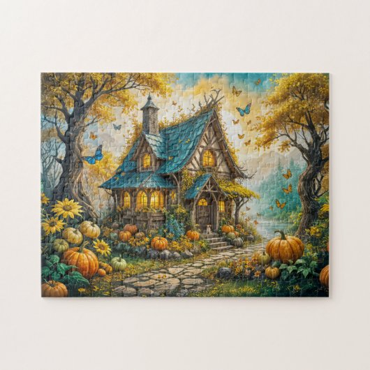 Verzauberndes Herbst Cottage mit Kürbissen Puzzle (Horizontal)