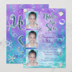 Verzaubert unter dem Meer Purpur Teal 3 Foto-Party Einladung