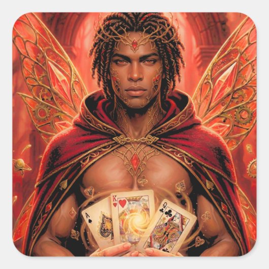Verzauberte Deck Muse Mann in Rot Quadratischer Aufkleber (Vorderseite)