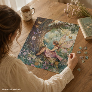 Verzauberte Fee in Rosa umgeben von Blumen Puzzle