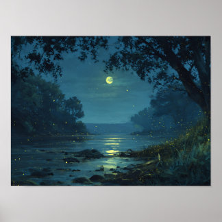 Verzauberte Fluss- und Glühwürmchenlandschaft bei Poster