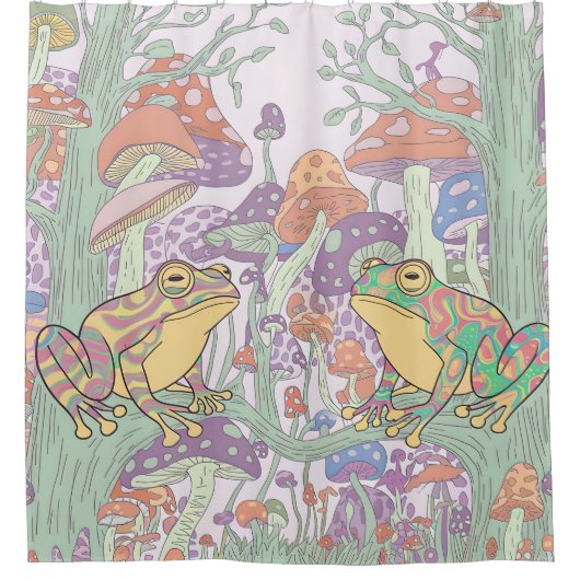 Verzauberte Frösche in Pilzfeldern Duschvorhang (Vorderseite)