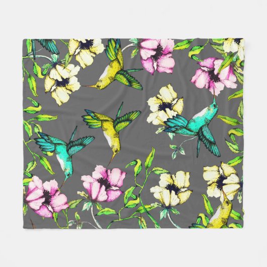 Verzauberte Gartenwatercolor-Kolibris u. Blumen Fleecedecke (Vorderseite (Horizontal))