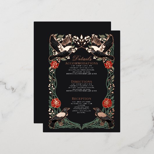 Verzauberte Gothic-Raben-Rosen-Hochzeits-Detailkar Folien Feiertagspostkarte (Vorderseite/Rückseite)