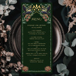 Verzauberte Gothic Raven Snapdragon Dahlia Wedding Menükarte<br><div class="desc">Elegantes und gotisches Hochzeitsdesign mit Raben und Blattwerk. Dieses Design bietet einen dunkelgrünen Hintergrund,  dunkelblaue Raben und aquamarine grüne Blätter,  Snapdragons und Dahlias mit goldenen Akzenten. Matching Items in unserem Shop für ein komplettes Party Thema.</div>