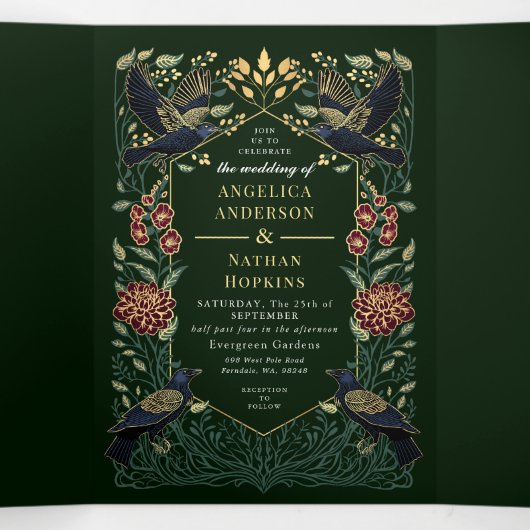 Verzauberte gotische Löwenmaul-Dahlie-Hochzeit Dreifach Gefaltete Einladung (Innenseite Mitte)