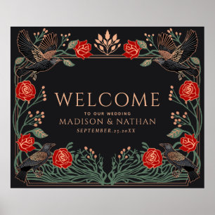 Verzauberte gotische Rosen Raben Hochzeitsempfang Poster