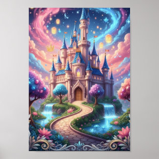 Verzauberte kosmische Schloss-Schwebe-Laternen-Fan Poster
