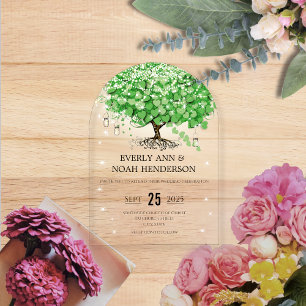 Verzauberte Märchen-Grün-Herz-Blatt-Baum-Hochzeit Acryleinladungen
