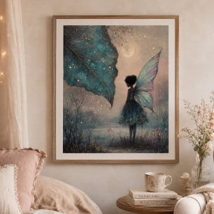 Verzauberte mondbeschienene Blattfee Fantasy-Kunst Poster