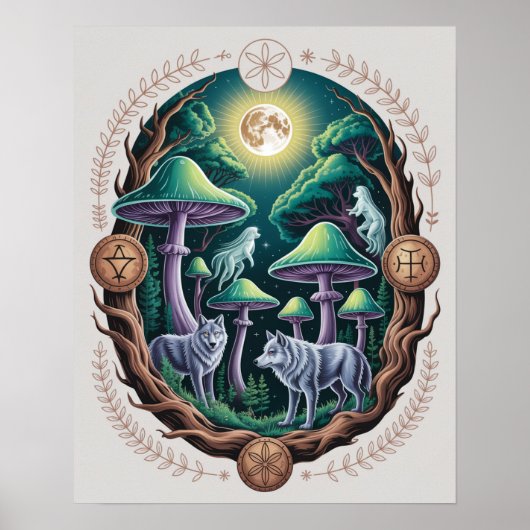 Verzauberte mondbeschienene Wölfe und psychedelisc Poster (Vorne)