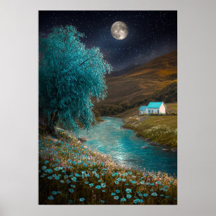 Verzauberte Nachtszene - Traumhafte Flussszene Poster