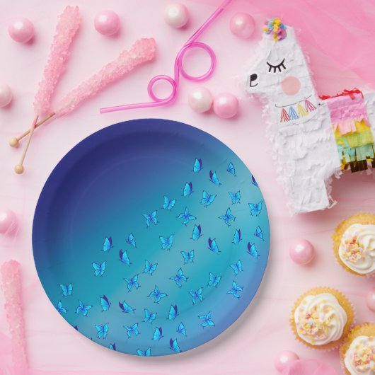 Verzauberte Schmetterlinge, blaue Papierplatte Pappteller (Party)