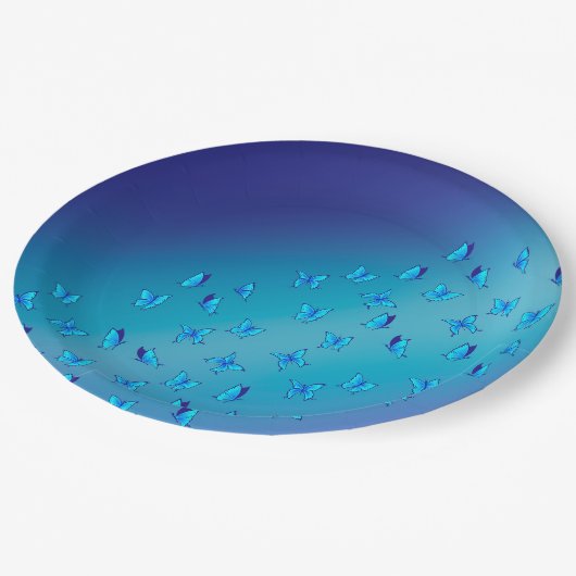 Verzauberte Schmetterlinge, blaue Papierplatte Pappteller (Schrägansicht)