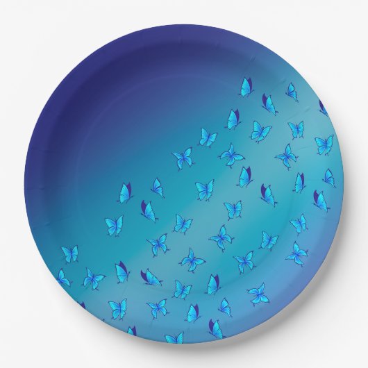 Verzauberte Schmetterlinge, blaue Papierplatte Pappteller (Vorderseite)