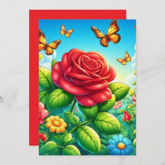 Verzauberte Schmetterlinge und Rose Einladung (Vorne/Hinten)