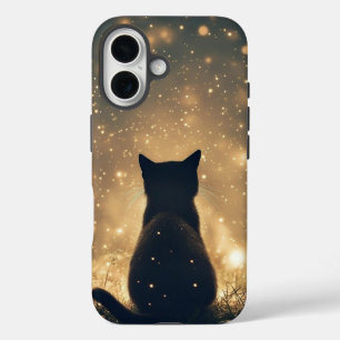 Verzauberte schwarze Katze mit Feuerwerk iPhone 16 Hülle