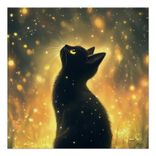 Verzauberte schwarze Katze mit Feuerwerk Poster