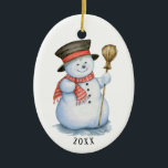 Verzauberte Snowman-Keramik-Verzierung Keramik Ornament<br><div class="desc">Schöner gemalter verzauberter WeihnachtsSchneemann mit rotem und weißem Musterschutzträger,  fertigen mit Jahr besonders an.  Entwarf,  unsere verzauberte Weihnachtssammlung zusammenzubringen.</div>