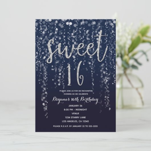 Verzauberte Star Lights Silver & Blue Sweet 16 Par Einladung (Stehend Vorderseite)