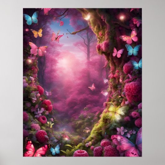 Verzauberte Waldmagie FUSHIA Schmetterlinge Blume Poster (Vorne)