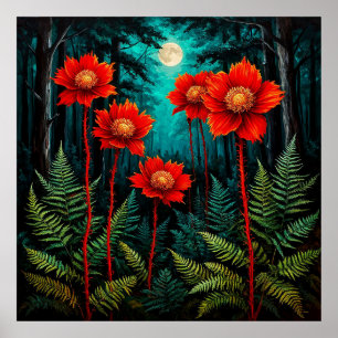 Verzauberte Waldszene Lebendige rote Blumen Poster