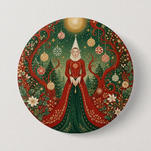 Verzauberte Weihnachtswald-Elfenkönigin Button (Vorderseite)