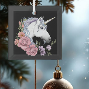 Verzauberte weiße Einhorn-Blumen rosa Rosen Ornament Aus Glas