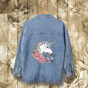 Verzauberte weiße Einhorn-Blumen Rosa Schwarz Jeansjacke