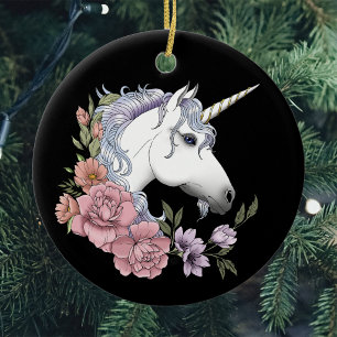 Verzauberte weiße Einhorn-Blumen Rosa Schwarz Keramik Ornament