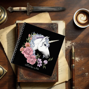 Verzauberte weiße Einhorn-Blumen Rosa Schwarz Notizblock