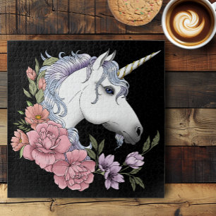 Verzauberte weiße Einhorn-Blumen Rosa Schwarz Puzzle