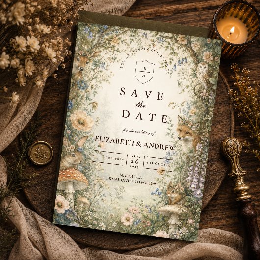 Verzauberte Whimsical Waldhochzeit Save The Date