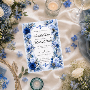 Verzauberte winterliche blaue Eleganz-Hochzeit Einladung