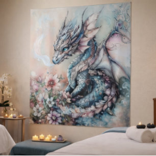 Verzauberter blauer Drache Fantasy-Teppich Wandteppich