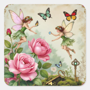 Verzauberter Blumenzauberfeengarten Quadratischer Aufkleber