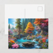 Verzauberter Fantasy-Wald, Wasserfall, Blumen Postkarte (Vorne/Hinten)