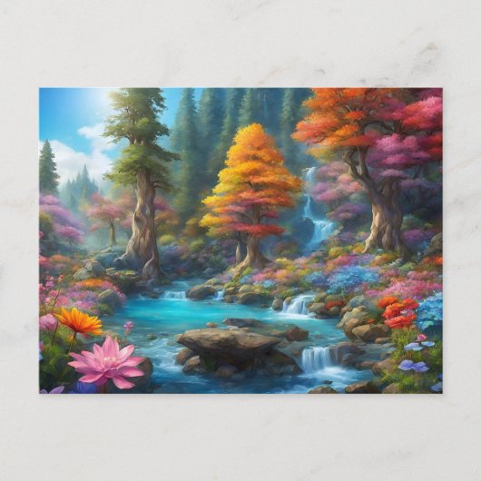 Verzauberter Fantasy-Wald, Wasserfall, Blumen Postkarte (Vorderseite)