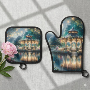 Verzauberter Gartenpavillon - Twilight-Reflexion Ofenhandschuh & Topflappen-Set
