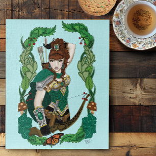 Verzauberter grüner Fantasy-Waldland-Bogenschütze- Puzzle