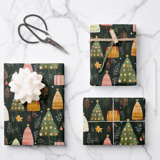 Verzauberter grüner Wald-Weihnachtsbaum-Muster Geschenkpapier Set (Vorderseite)